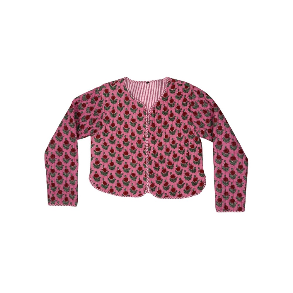 Pink Floral Block Print Quilted Reversible Jacket Boho Kantha Stripe Pink Red